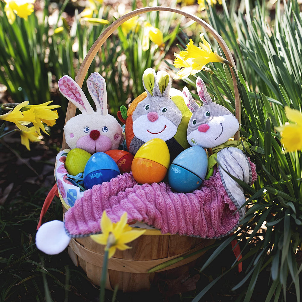 HABA Bunny Teether is machine washable for quick cleaning after messes.