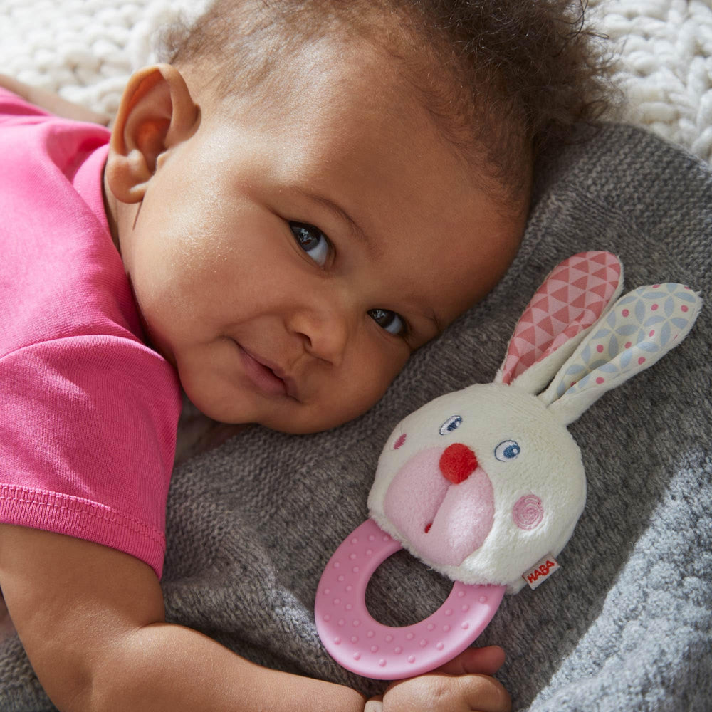 HABA Bunny Teether BPA-free silicone ensures safe chewing on the go.