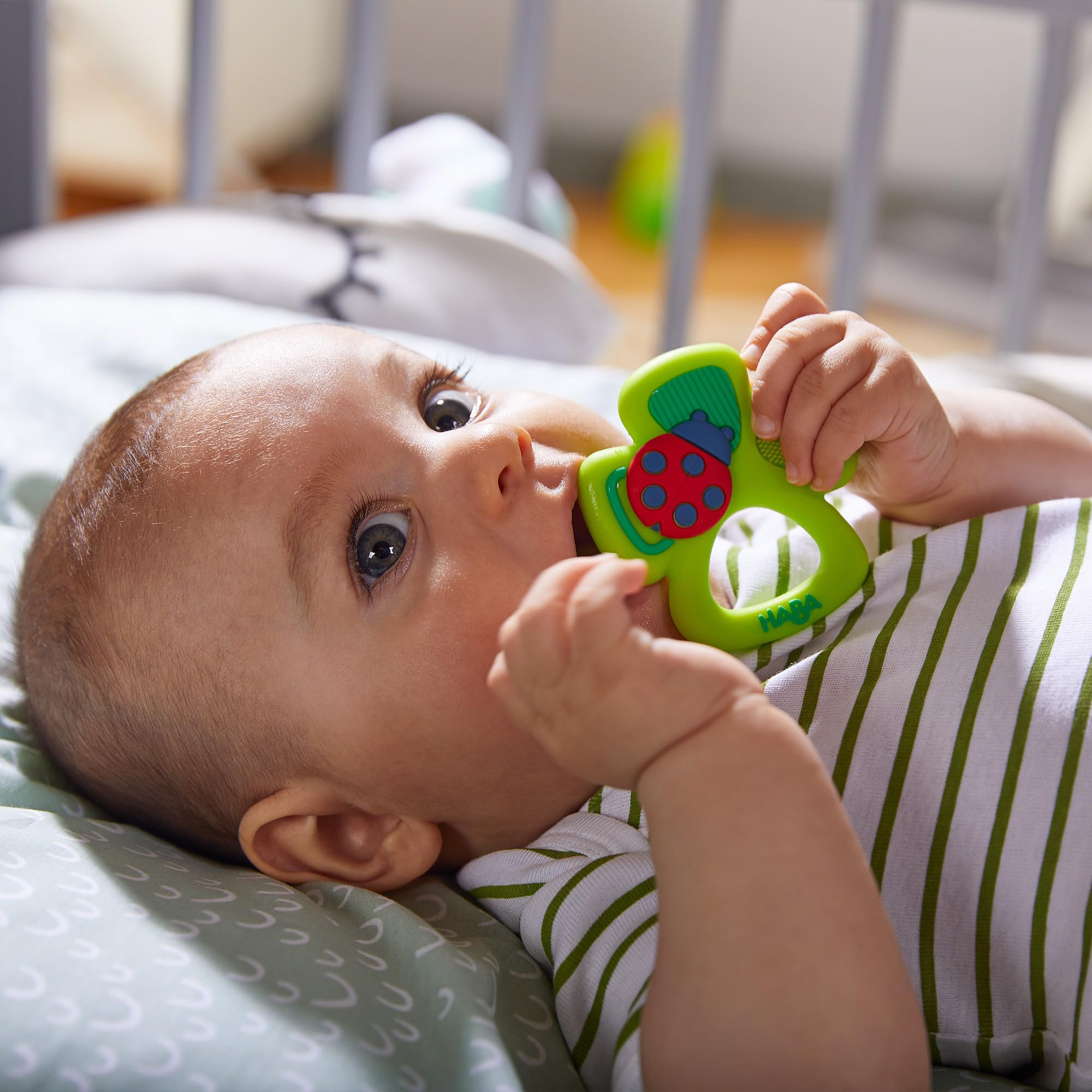 HABA Lucky Shamrock silicone teether grasping design supports early motor skills