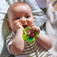 HABA Lucky Shamrock teether on clean surface highlighting dishwasher-safe care