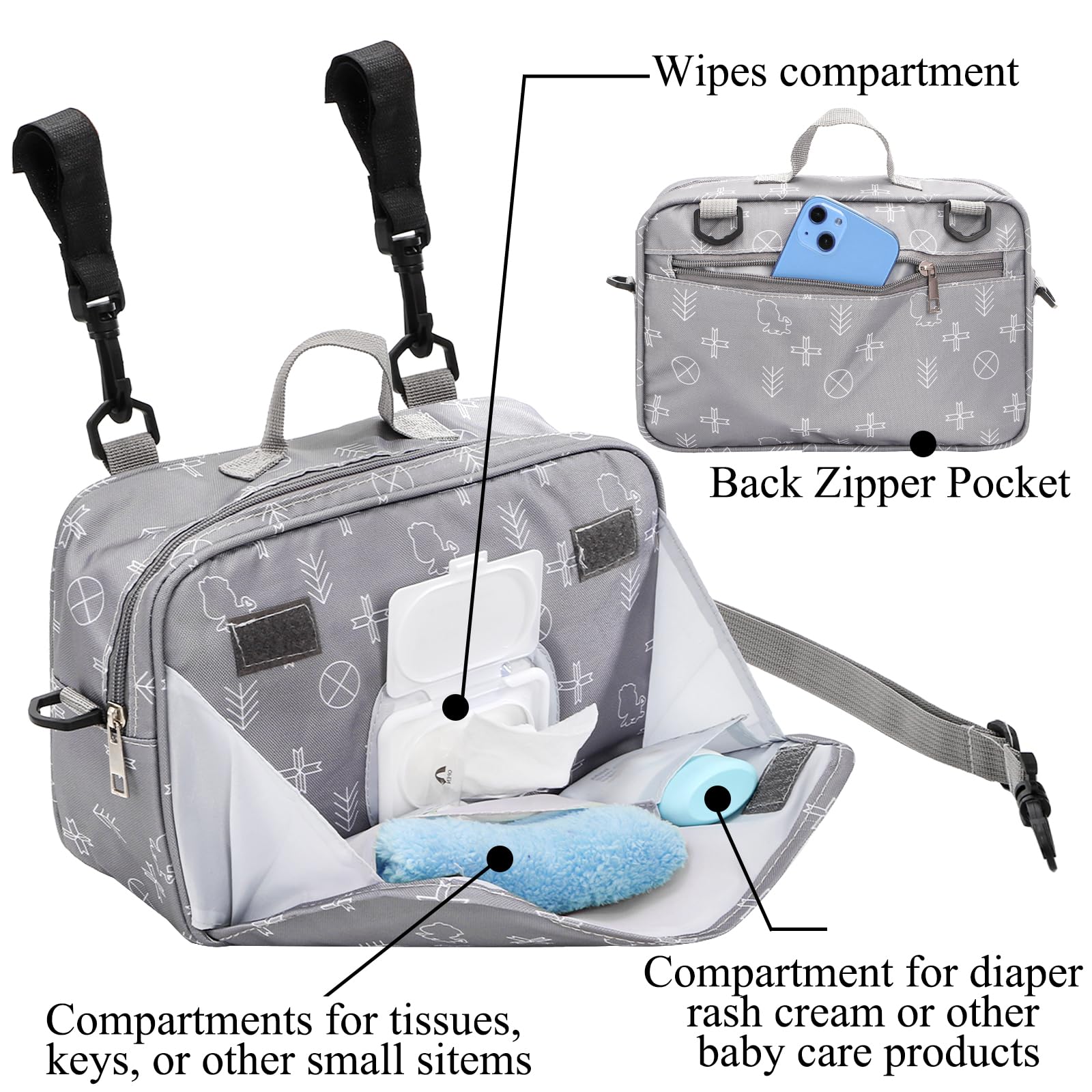 Hacaroa small diaper bag front compartments for quick access to phone and keys.