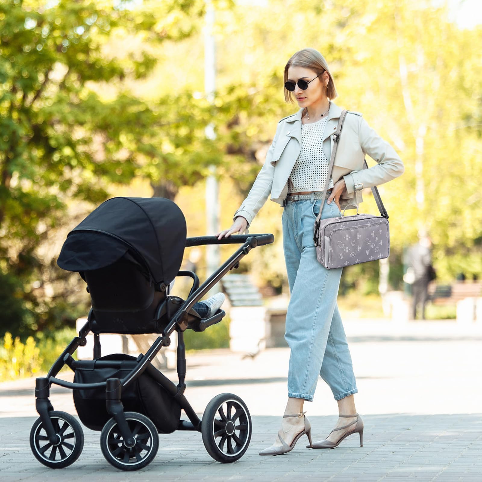 Hacaroa small diaper bag gray pattern complements any outfit or stroller.