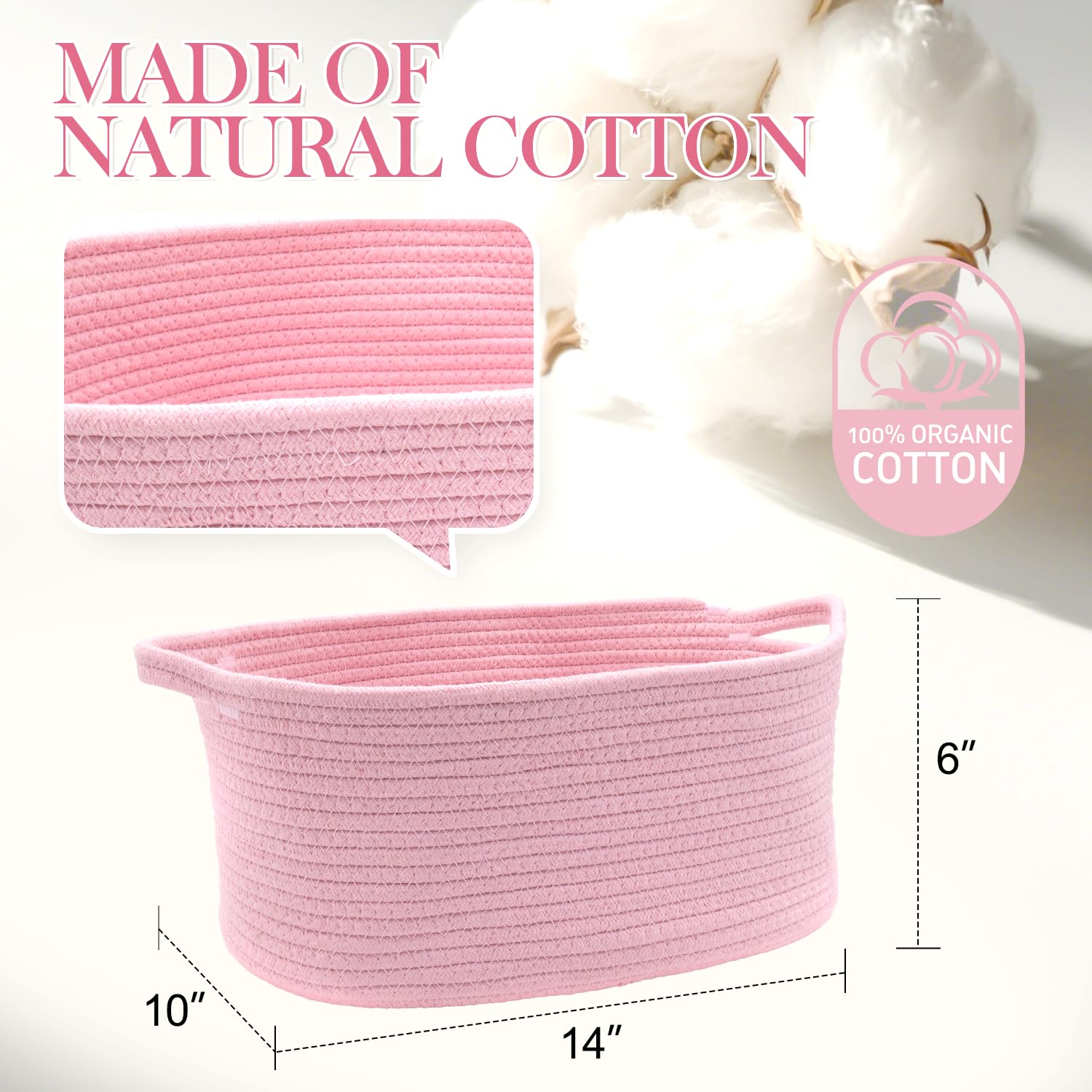 HADEEONG woven basket pink side view with handle for easy-access storage