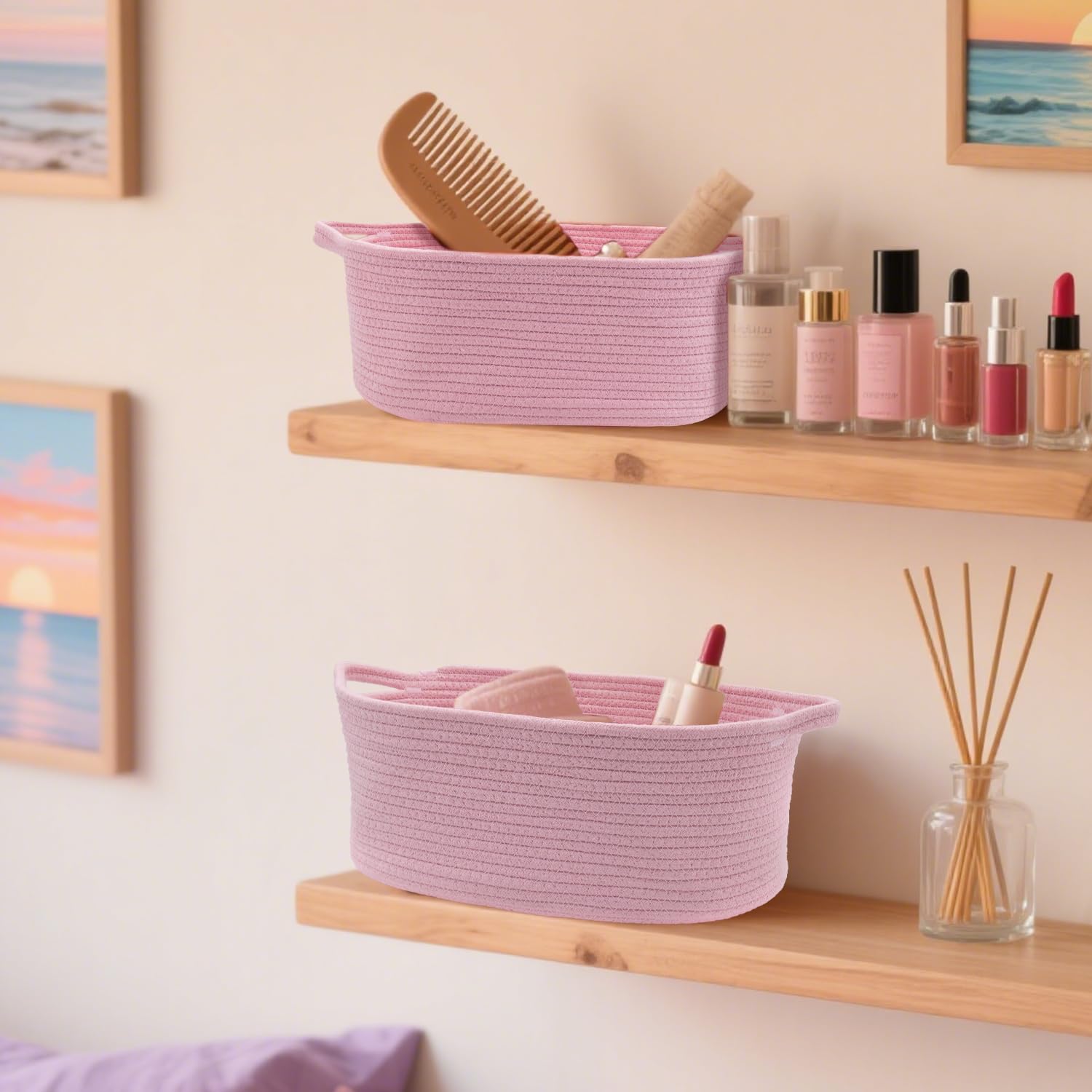 HADEEONG basket pink in use with towels highlighting storage versatility