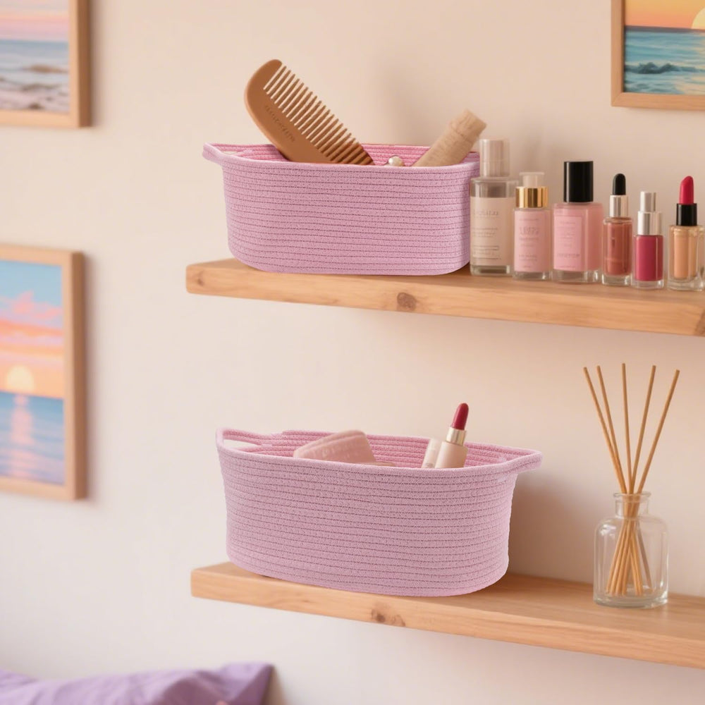 HADEEONG basket pink in use with towels highlighting storage versatility