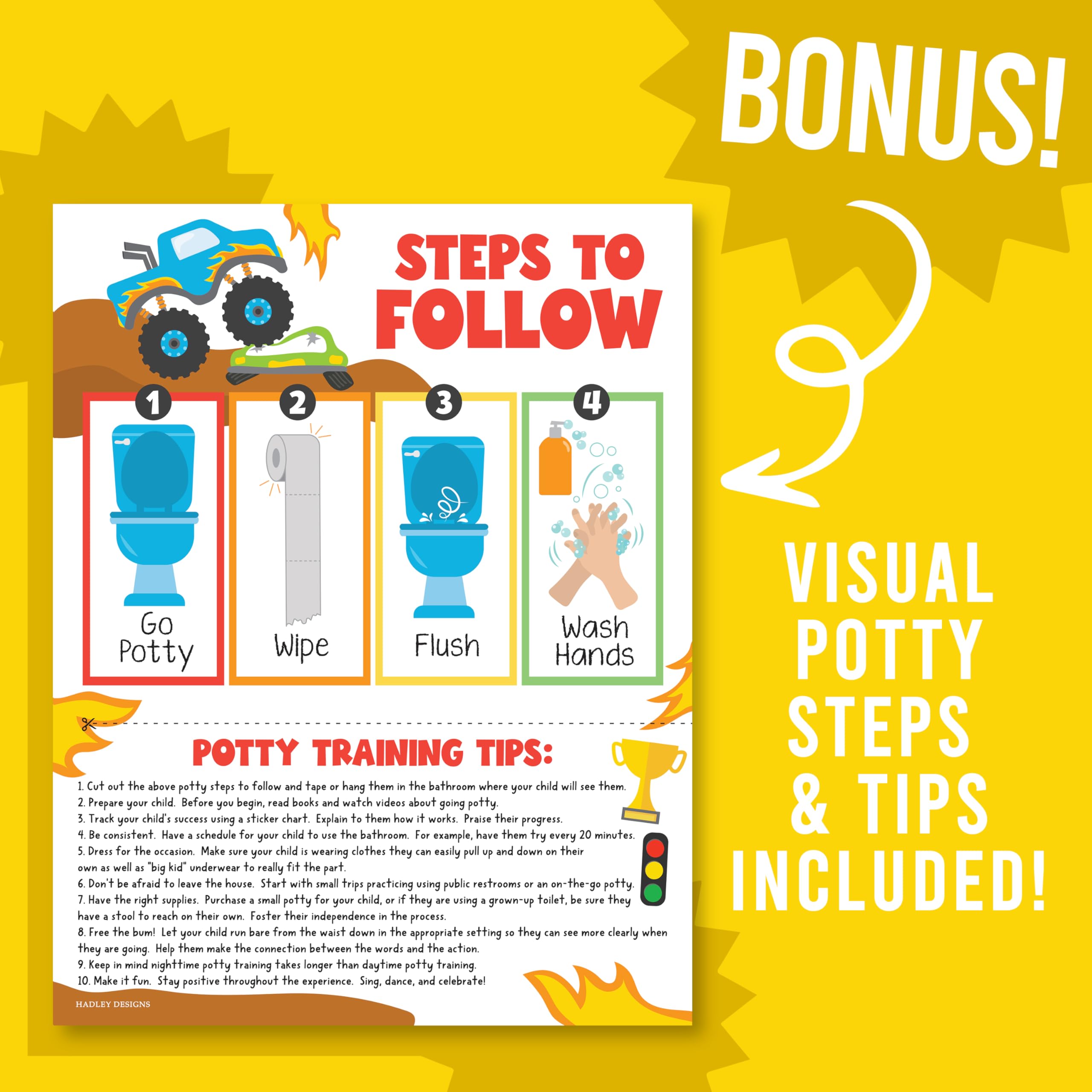 Hadley Designs Monster Truck chart designed for toddlers ages 2–4 use case.