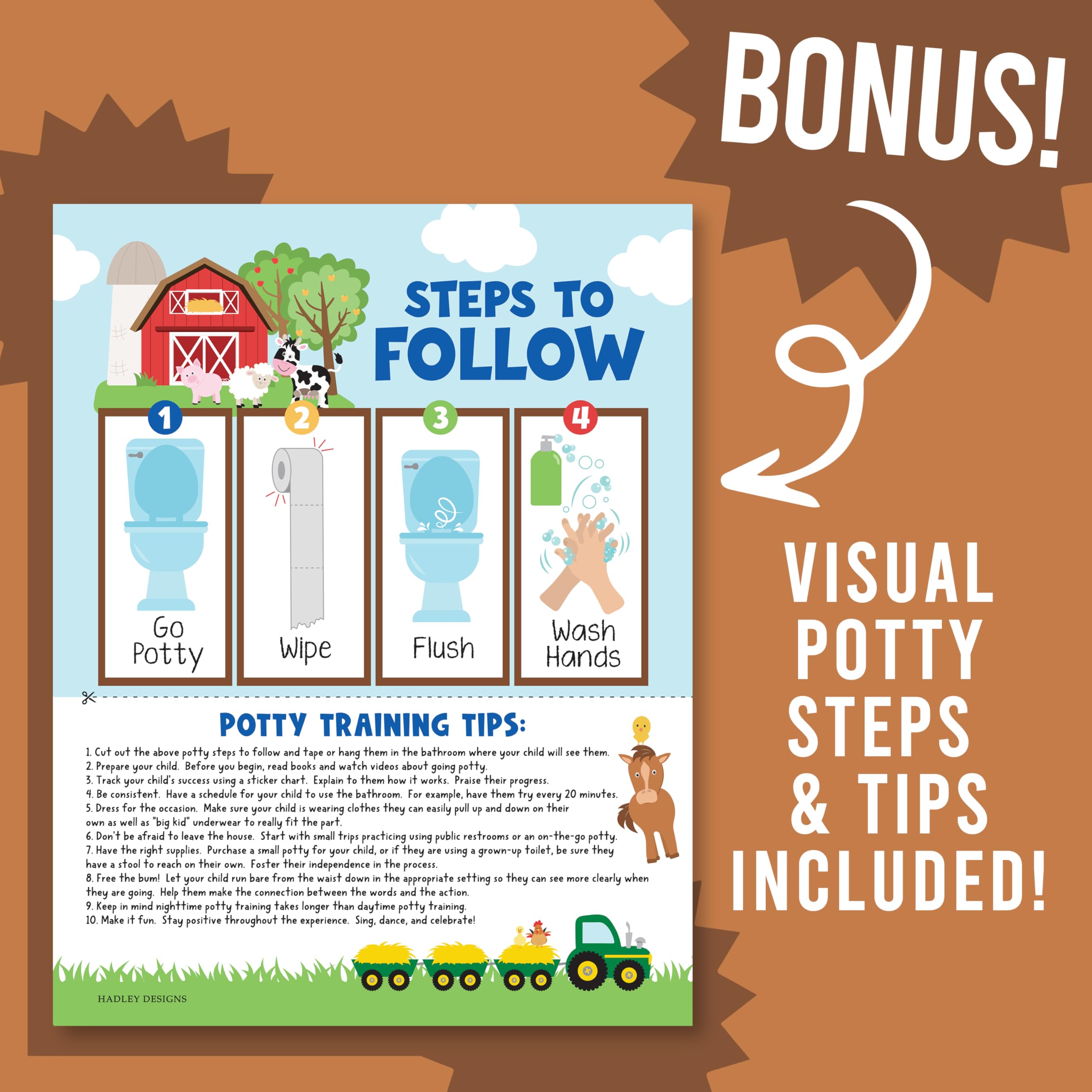 Hadley Designs reward-system image communicates a fun, motivating potty routine for toddlers.