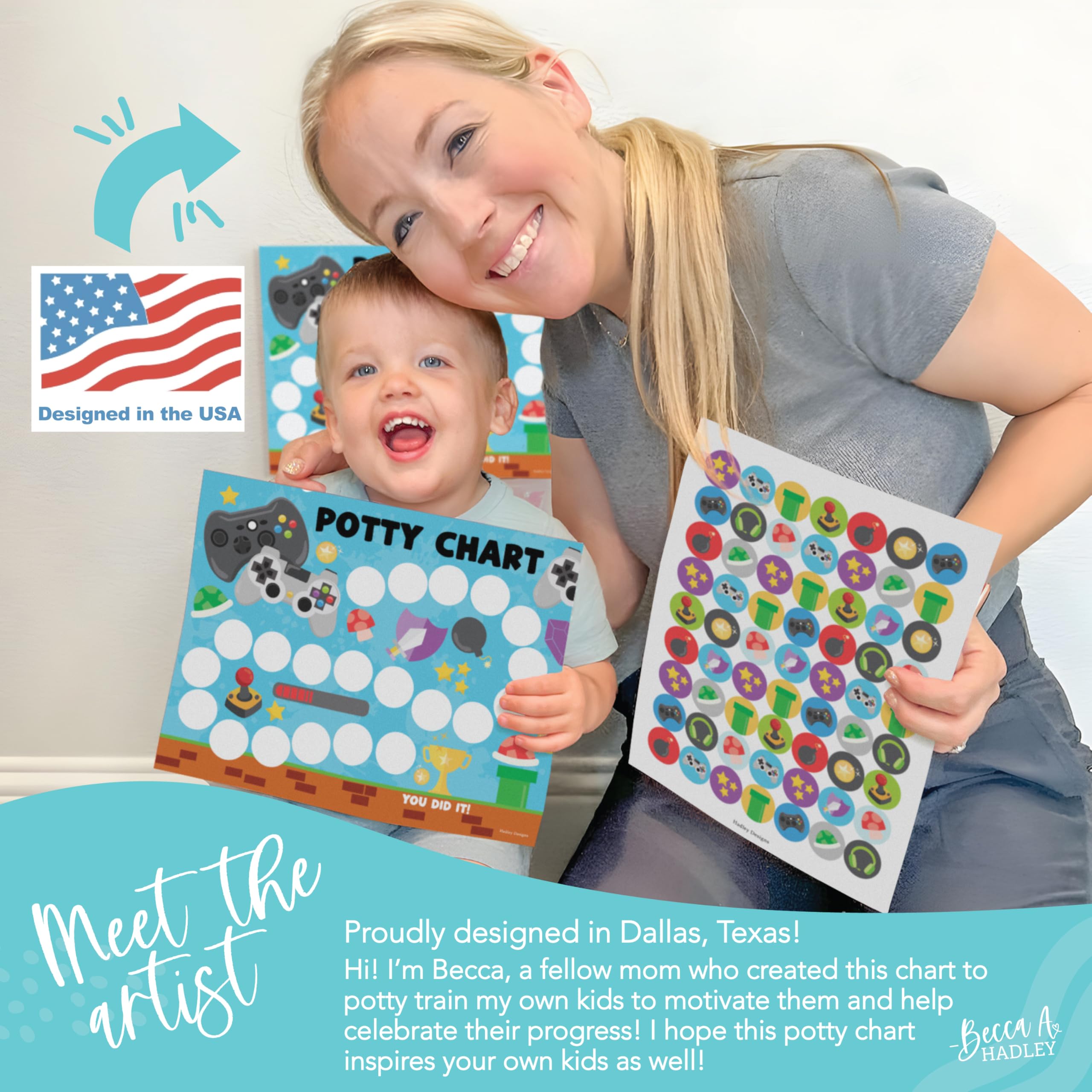 Hadley Designs Potty Chart sticker sheets 2 features colorful icons to celebrate small wins.