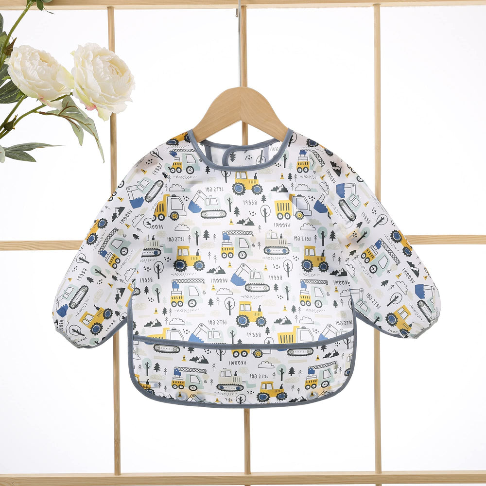 Hafftnun baby long sleeve waterproof bib worn by toddler showcases comfortable neck and secure back closure