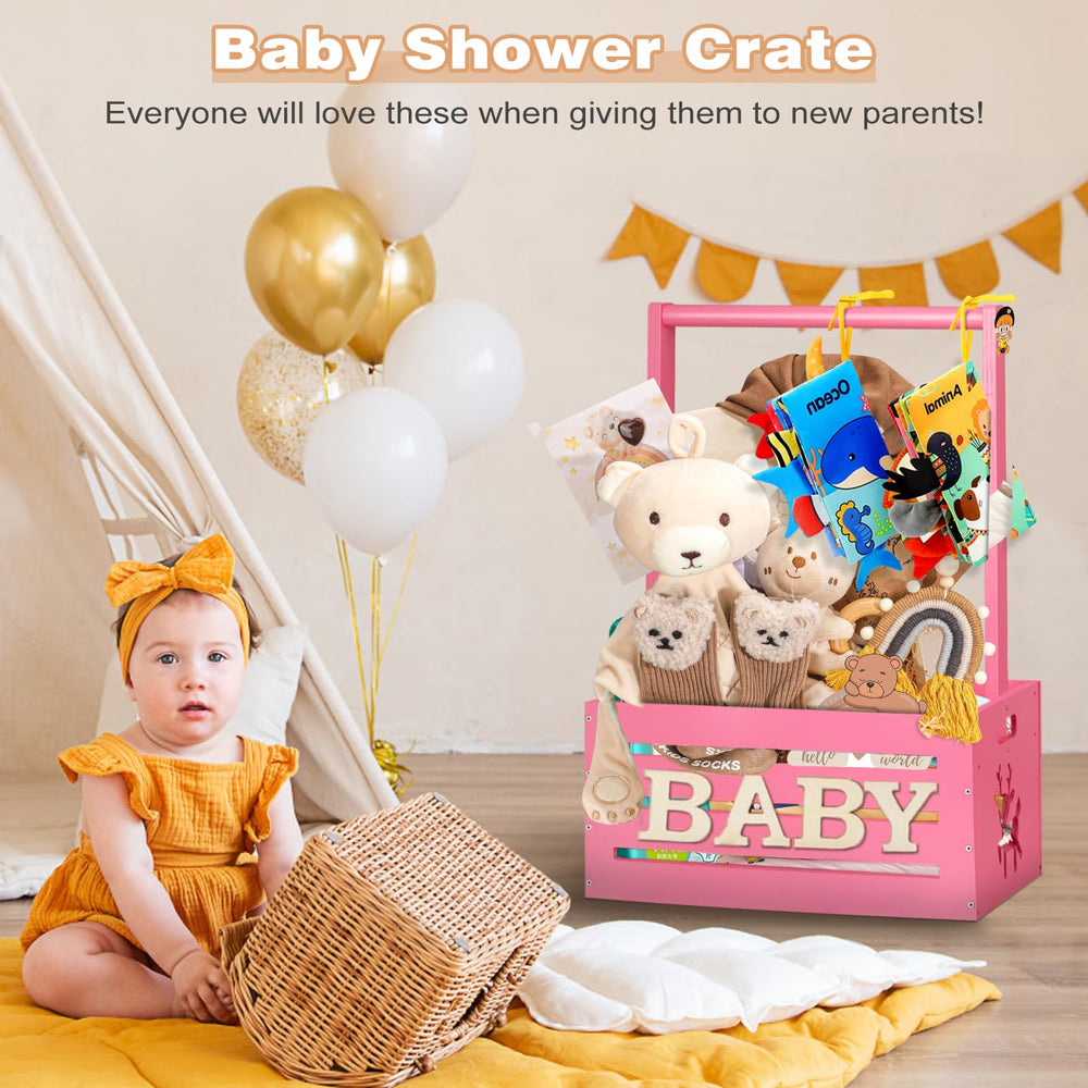 HAFTKD wooden baby shower crate closet pink side view highlights compact profile and portability