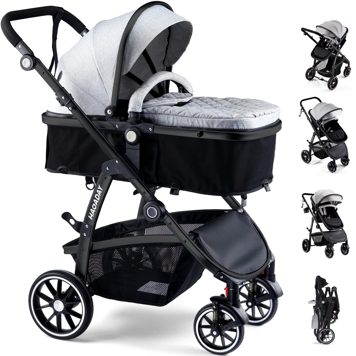 Hagaday baby stroller in 2-in-1 mode shows versatile seating for newborns and toddlers.