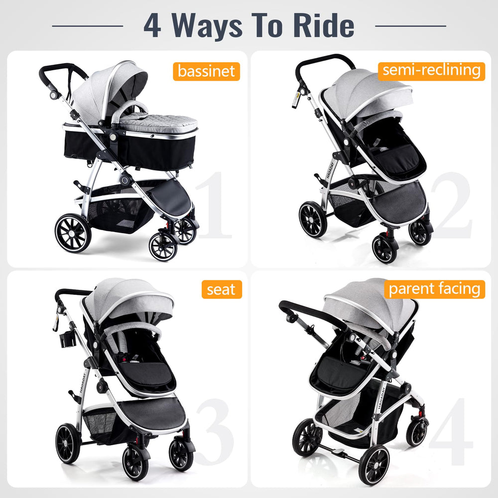 Hagaday stroller pu-wheels highlights a smooth ride with suspension on uneven sidewalks.