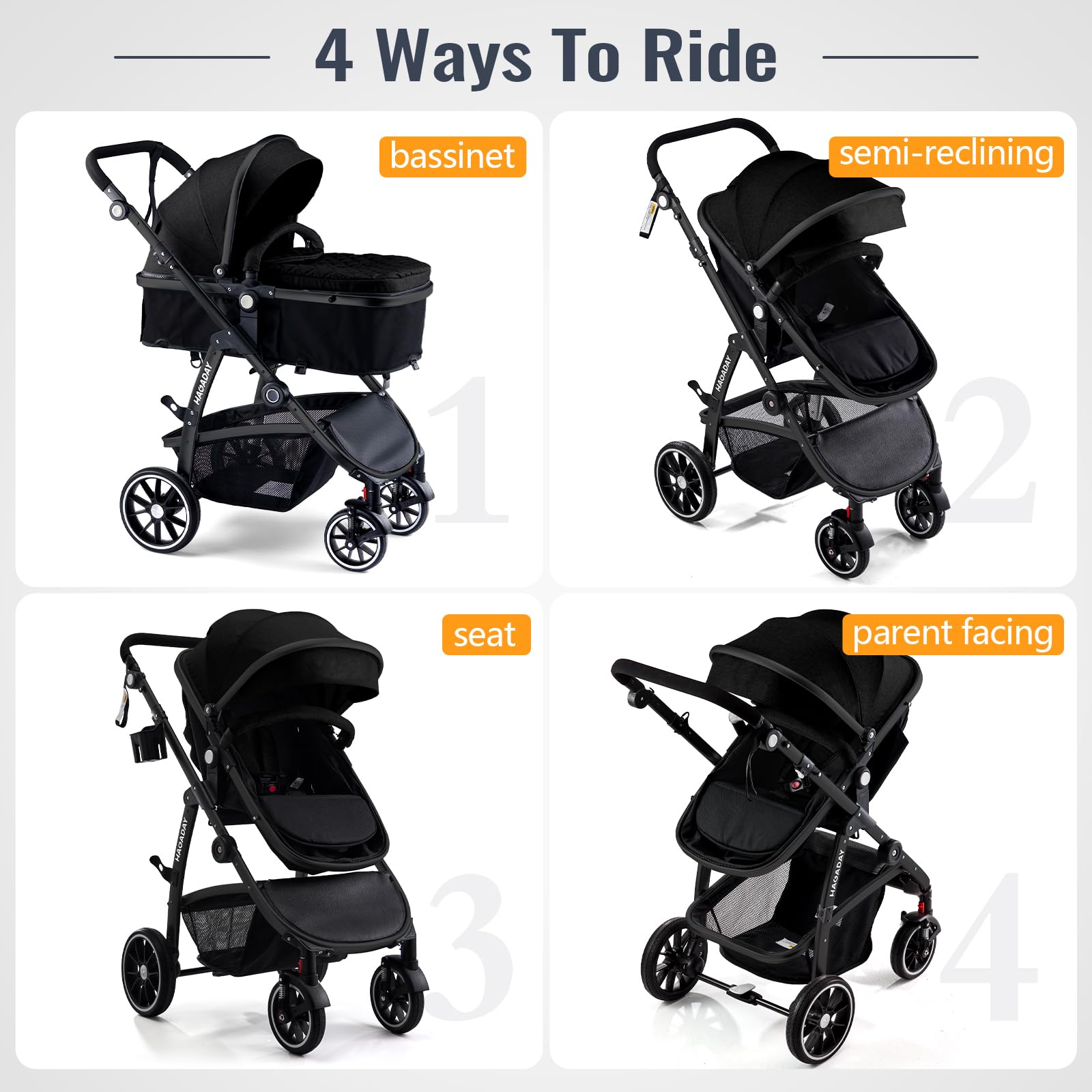 Hagaday stroller reversible basket faces you for easy supervision.