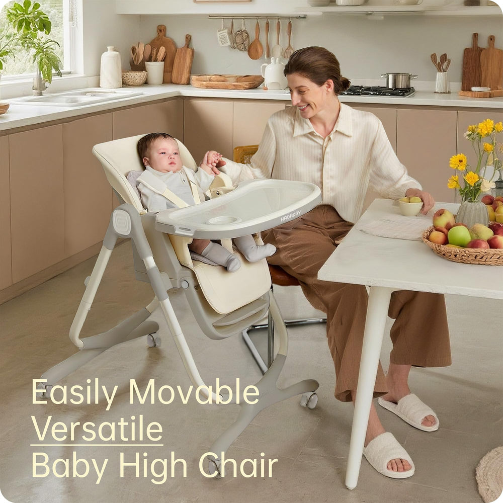 Hagaday white high chair features waterproof fabric for spills-friendly cleaning