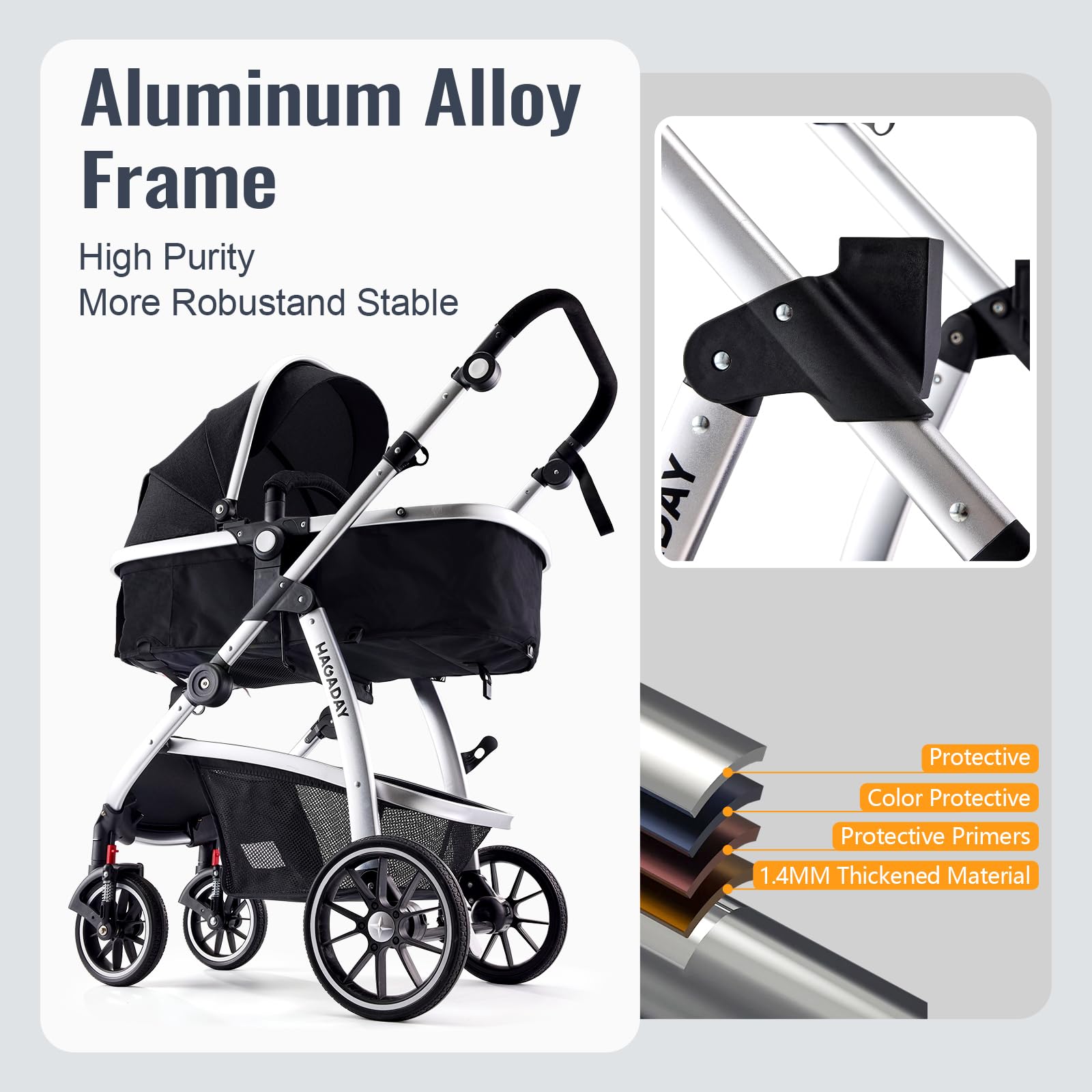 Hagaday all-terrain-stroller EVA wheels absorb shocks on varied terrain.