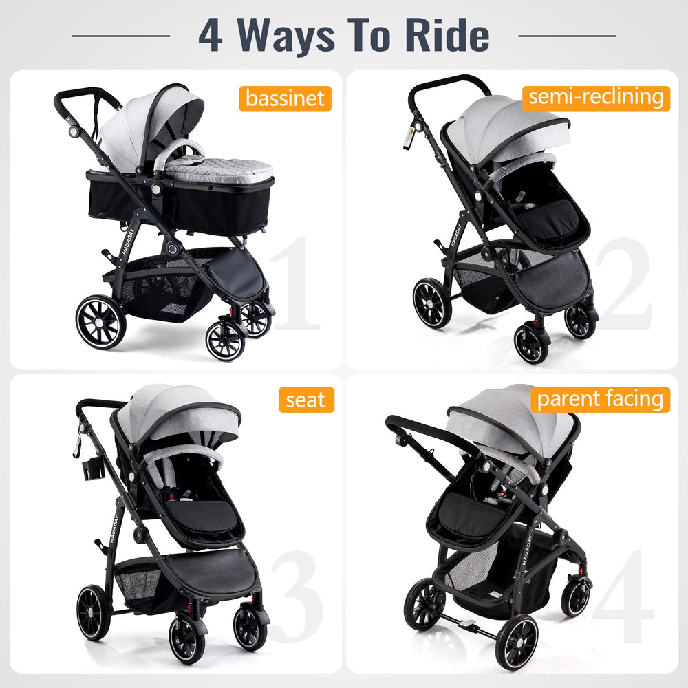 Hagaday stroller with reversible basket seat for parent-baby interaction.