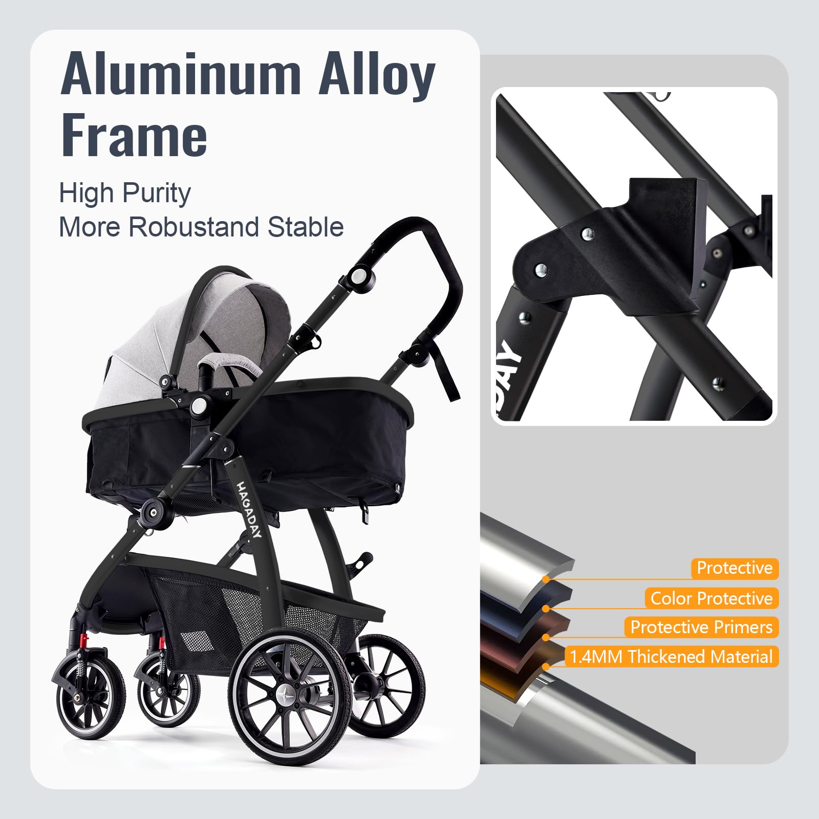 Hagaday UPF50+ canopy with skylight provides airflow and sun protection.