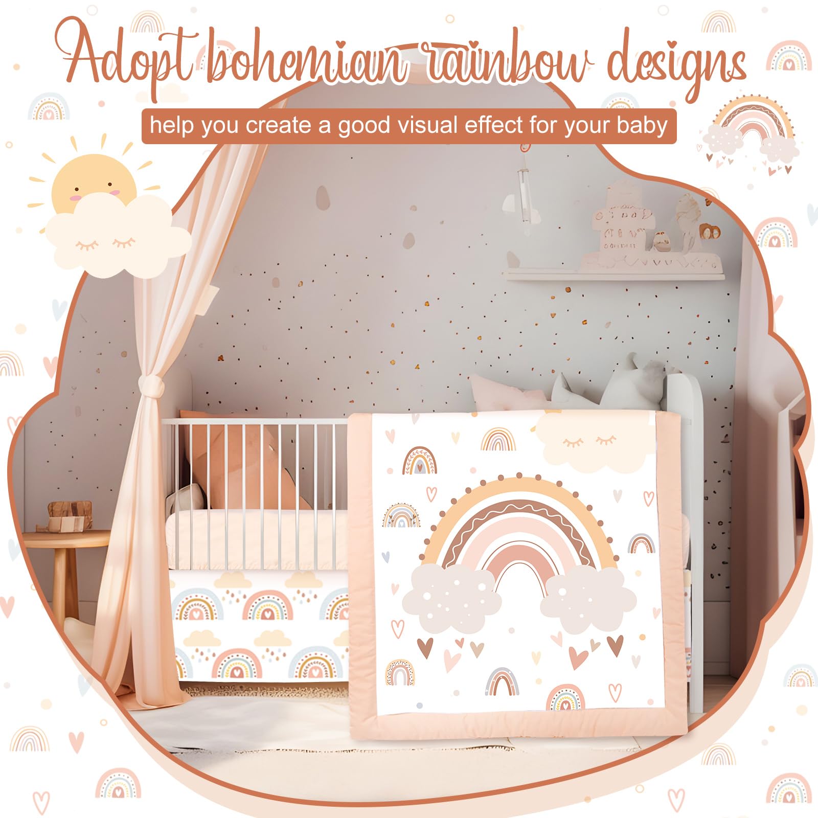 Hahafelt bohemian rainbow nursery image—soothing visuals that complement modern nurseries.