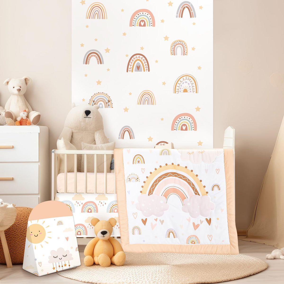 Hahafelt crib skirt boho rainbow keeps nursery tidy and stylish.