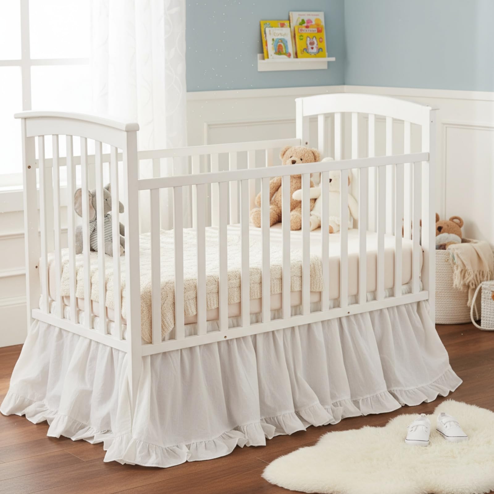 Hahafelt crib skirt dust-ruffle enhances nursery style while hiding under-bed clutter
