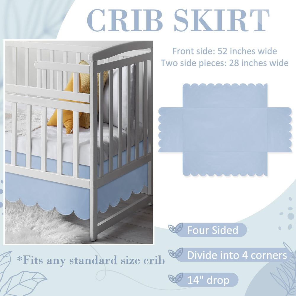 Hahafelt blue scalloped crib skirt highlights the 14-inch pleated dust ruffle