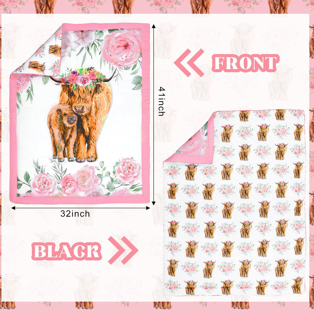 Hahafelt Highland Cow crib skirt pink floral—neat drop covering standard crib