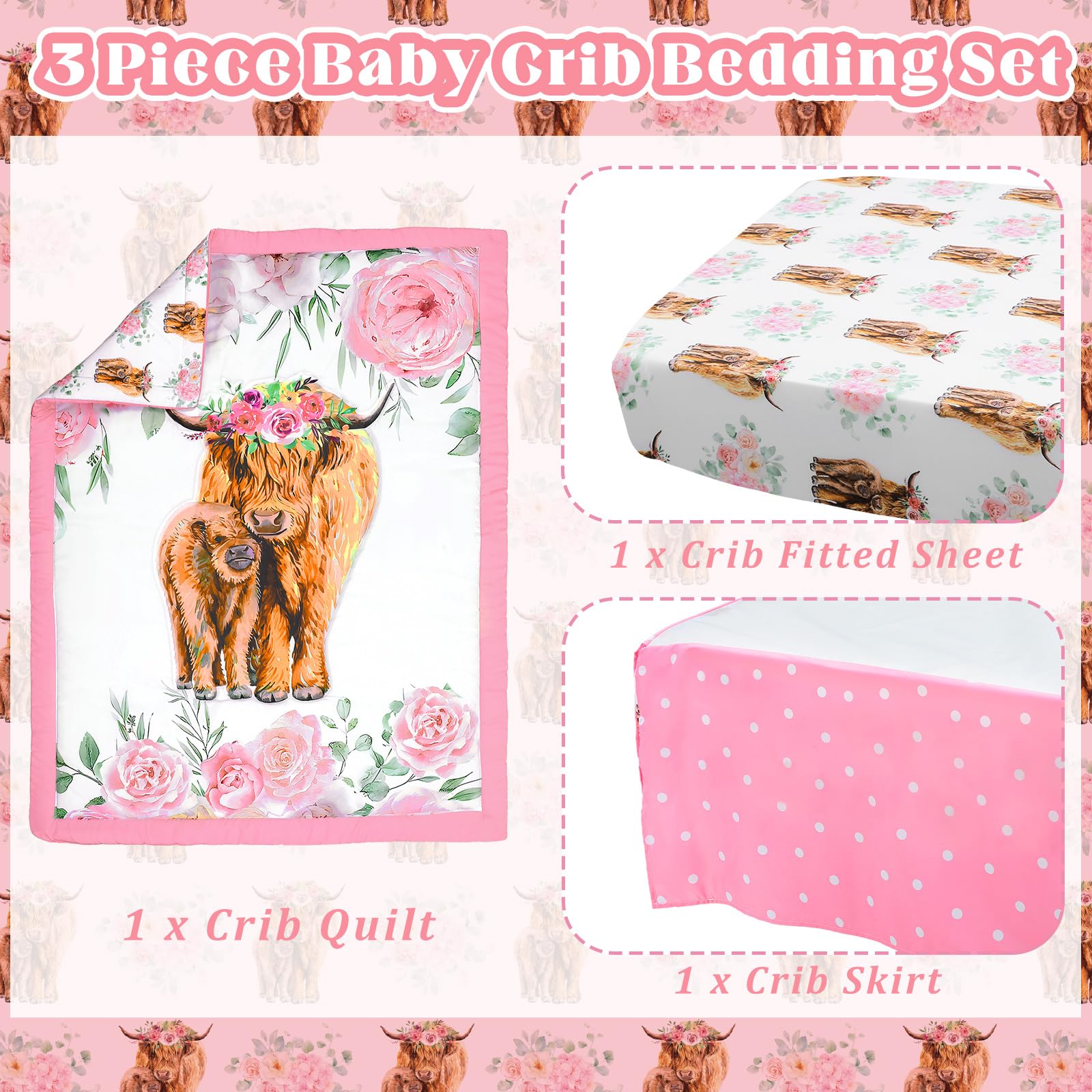 Hahafelt Highland Cow fitted sheet pink floral—skin-friendly fit for crib