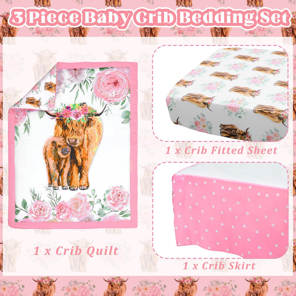 Hahafelt Highland Cow fitted sheet pink floral—skin-friendly fit for crib