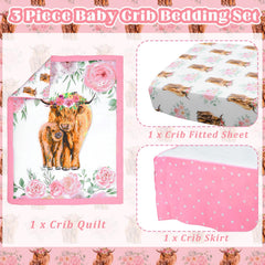 Hahafelt Highland Cow fitted sheet pink floral—skin-friendly fit for crib