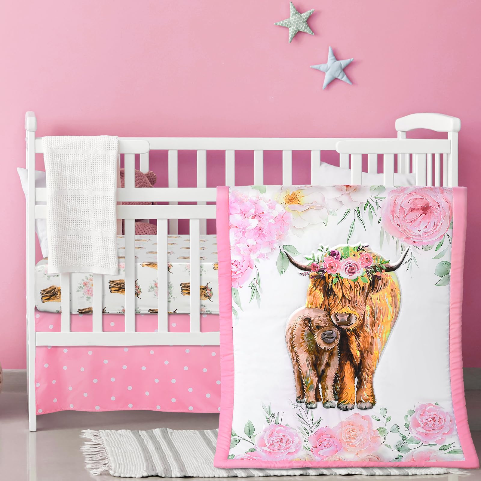 Hahafelt Highland Cow quilt pink floral—the soft, breathable layer for restful naps