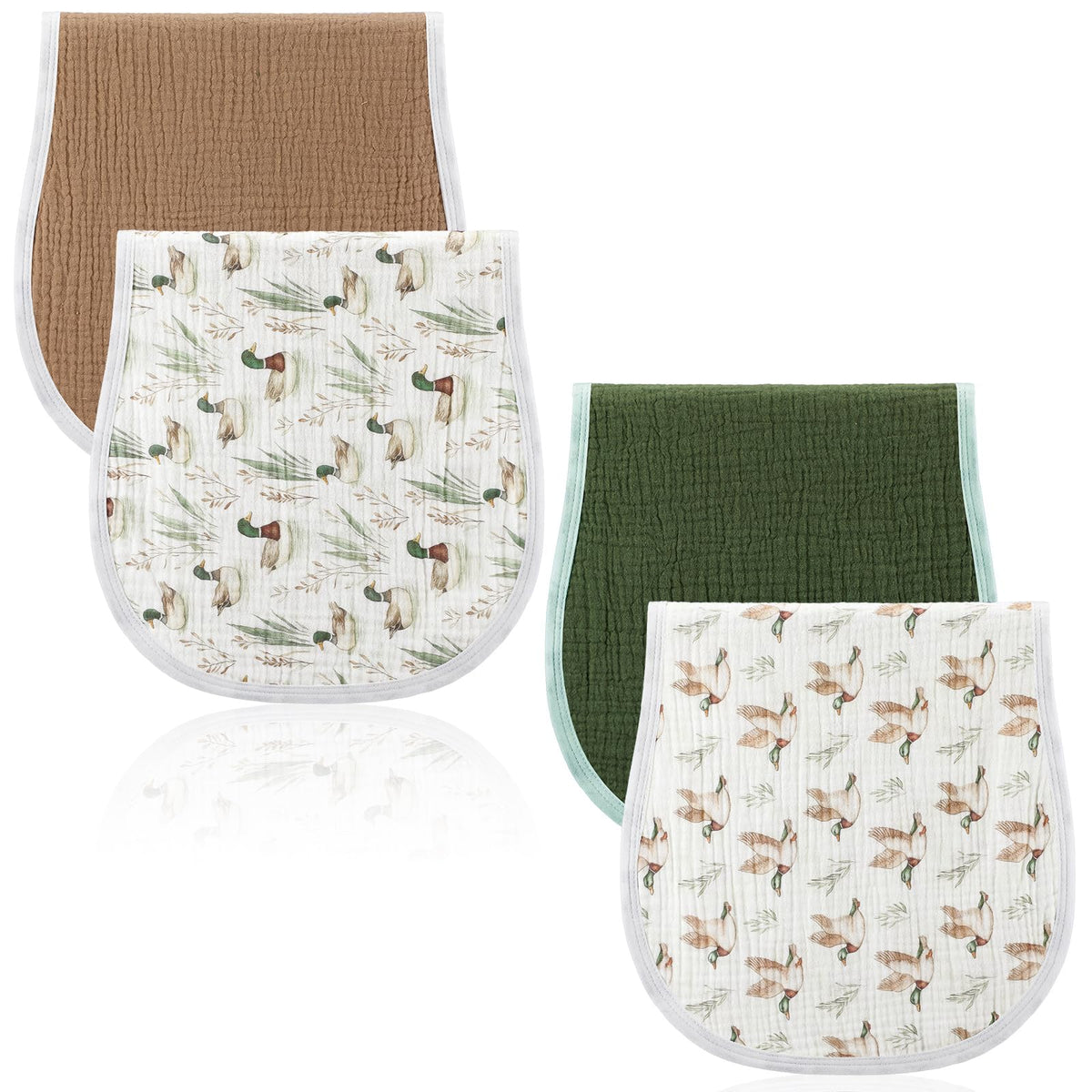 Hahafelt Mallard Duck Burp Cloths flatlay showing 4-piece set for daily baby care