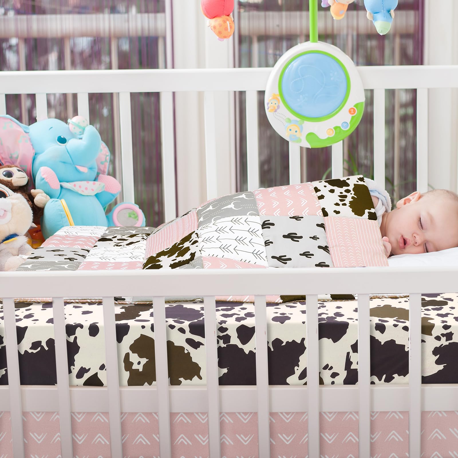 Hahafelt patchwork Western crib closeup reveals soft polyester fabric texture.