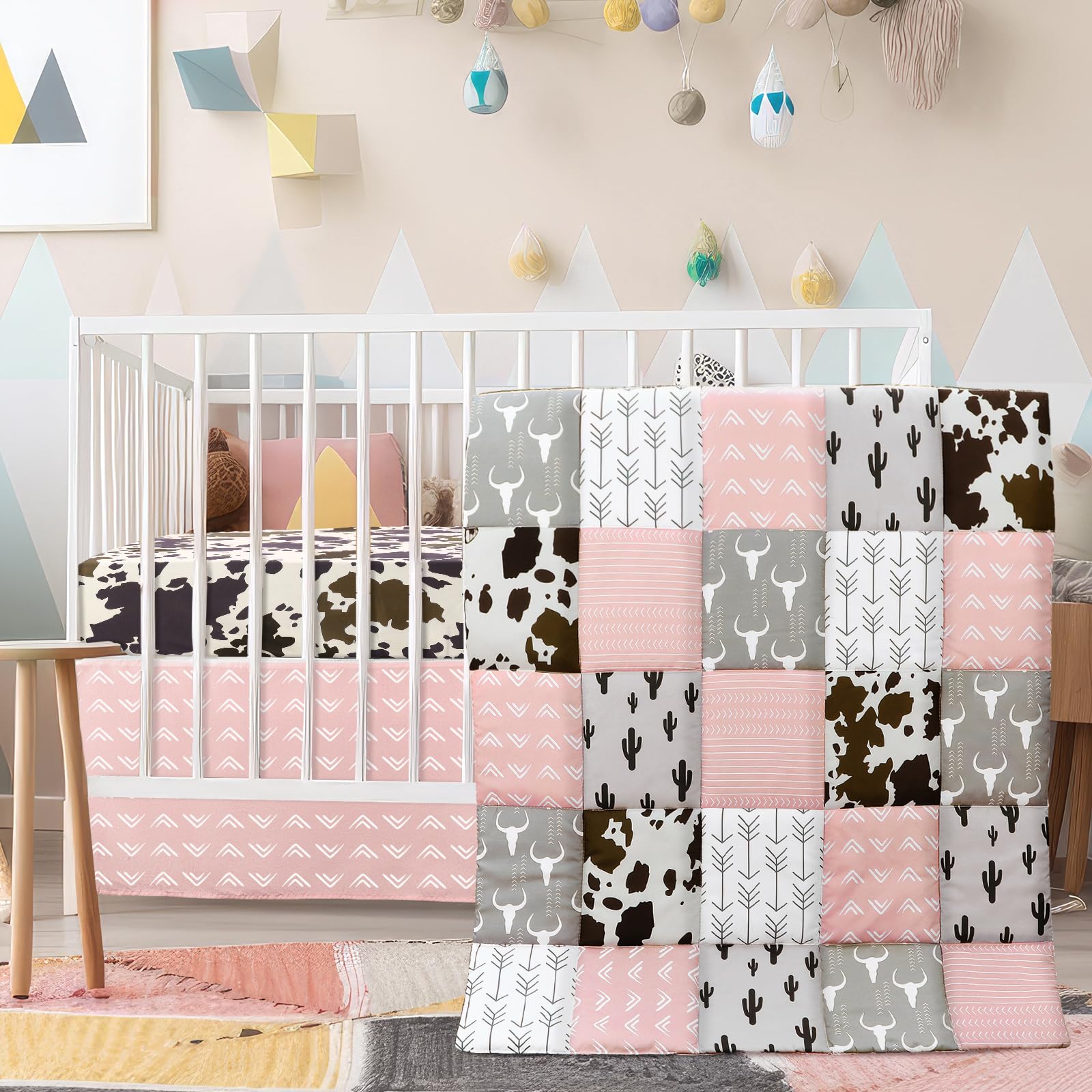 Hahafelt patchwork Western crib quilt offers cozy cowgirl print for bedtime charm.