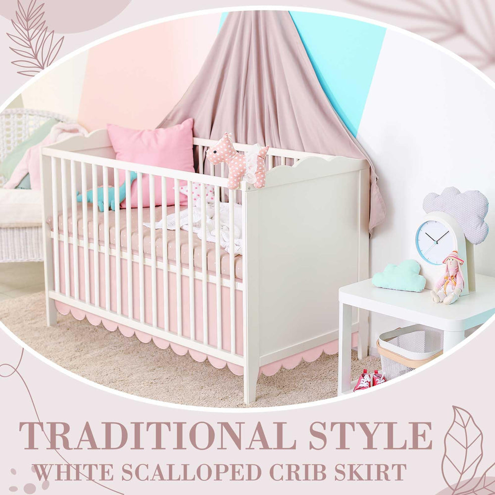 Hahafelt pink scalloped crib skirt four-sided-edges create balanced scallops on all sides.