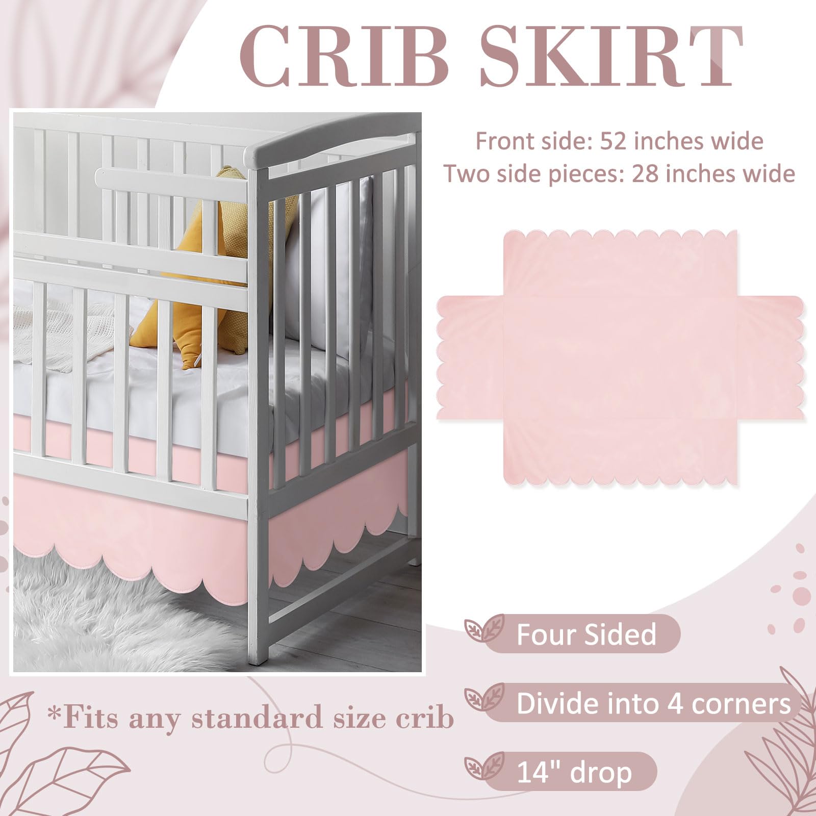 Hahafelt pink scalloped crib skirt ruffle-detail softens the crib silhouette and enhances decor.
