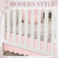 Hahafelt pink scalloped crib skirt stitching-closeup reinforced seams for durability.