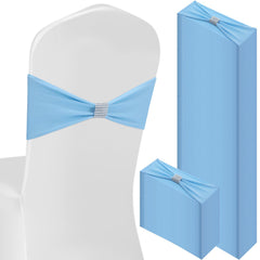 Hahafelt sky blue chair sash with rhinestone buckle enhances wedding decor.