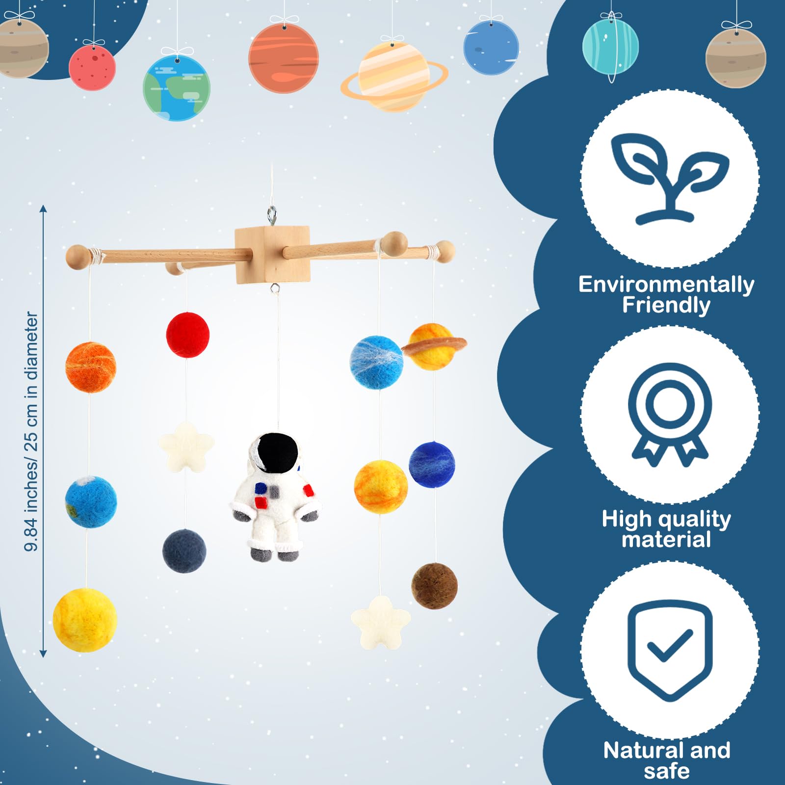 Hahafelt Space Nursery Mobile Astronaut feature encourages gentle tracking and sensory focus.
