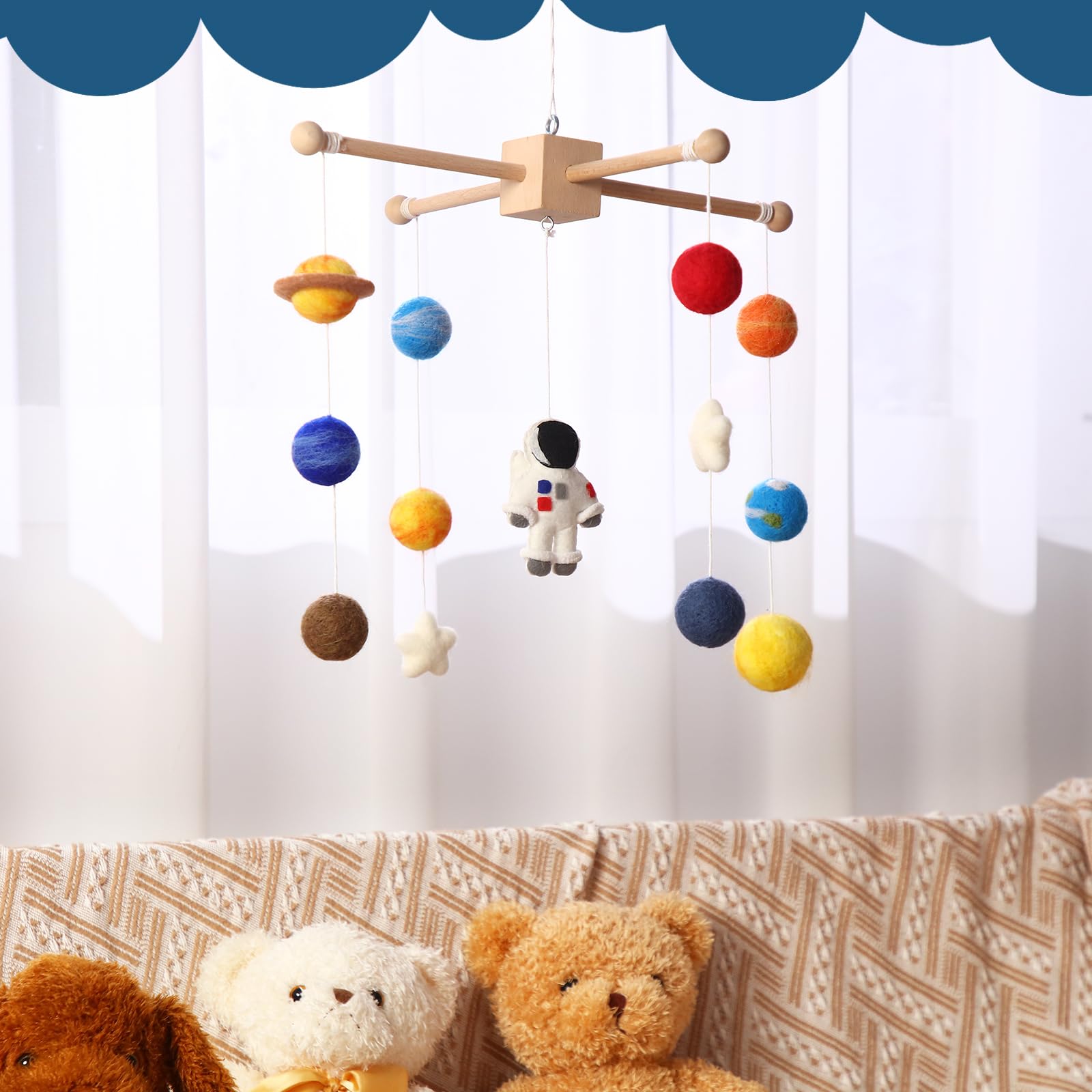 Hahafelt Space Nursery Mobile bright colors support color recognition and engagement.