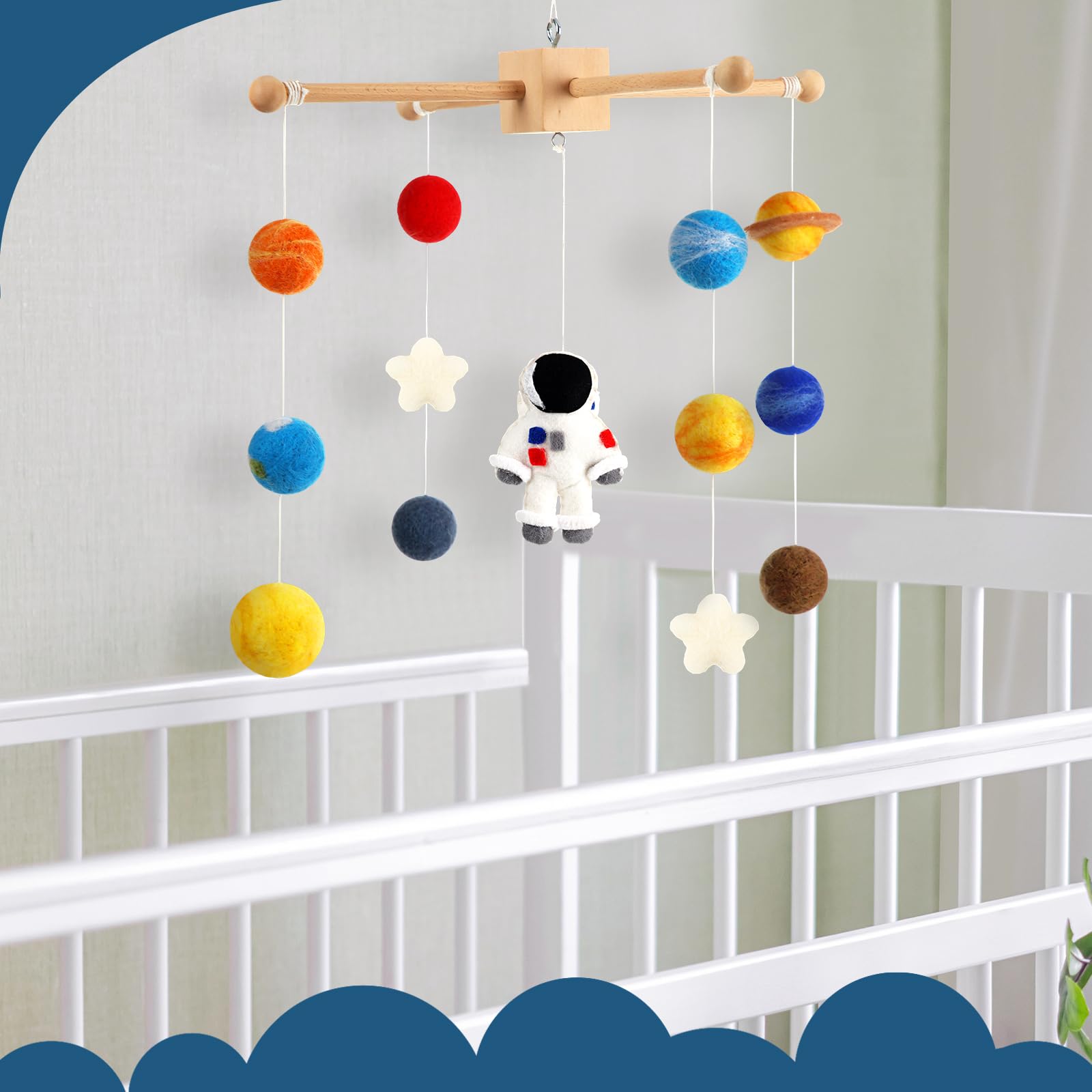 Hahafelt Space Nursery Mobile wooden-soft felt materials ensure safe, durable decor.