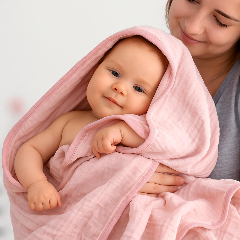 Hahafelt 32x32 inch towel demonstrates full-body coverage for infants