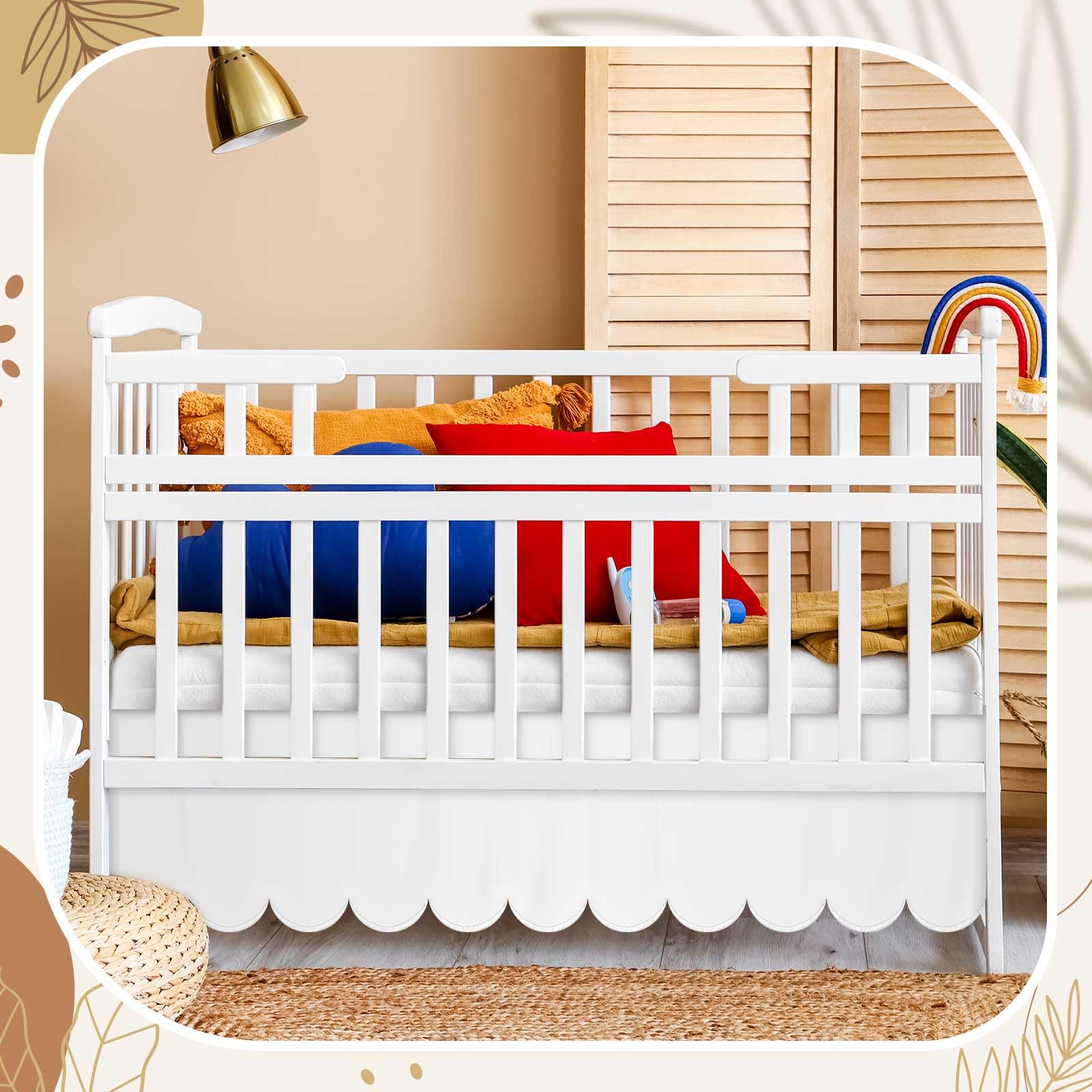Hahafelt white crib skirt complements traditional and bohemian nursery styles