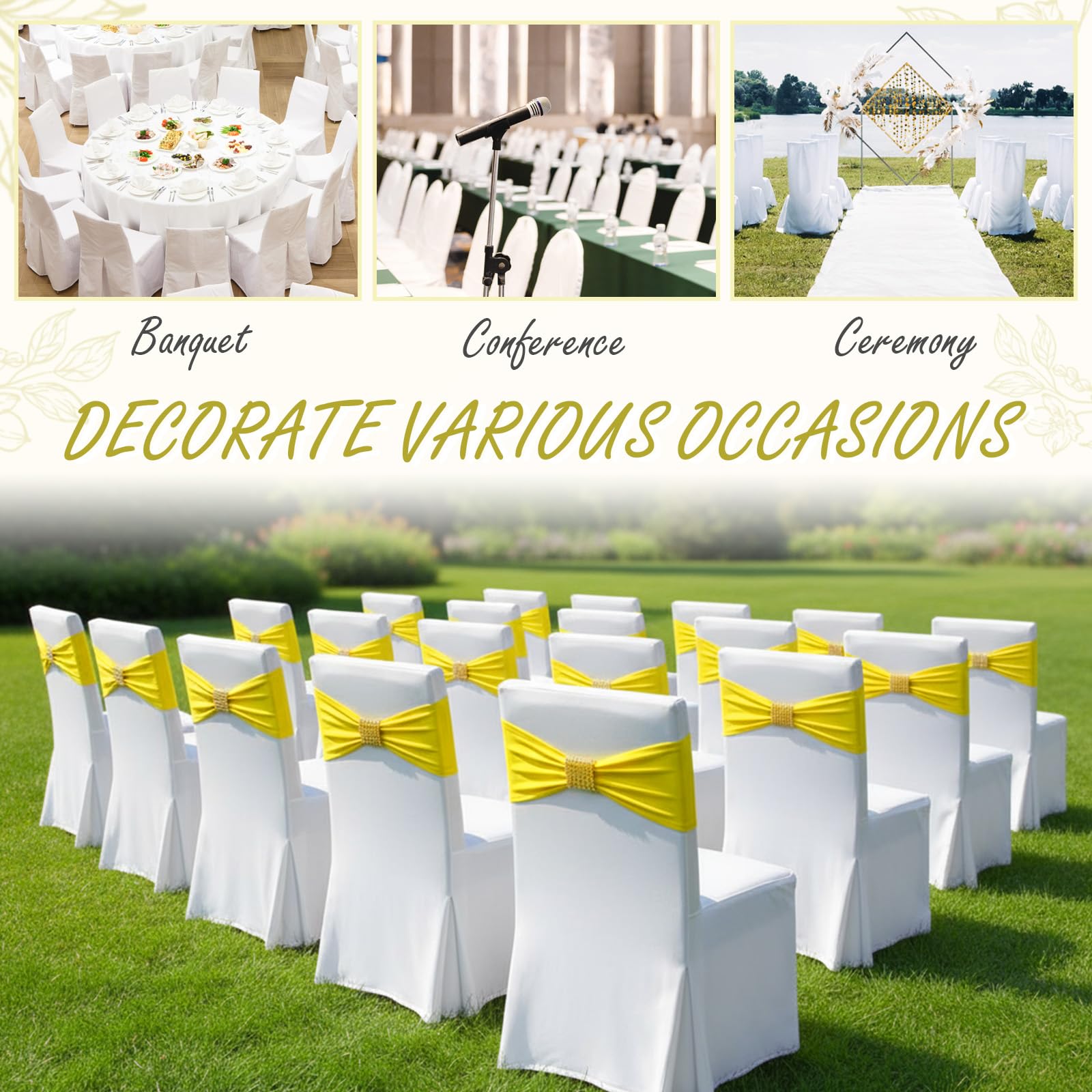Hahafelt Lemon Yellow chair sash decor enhances wedding and banquet ambiance