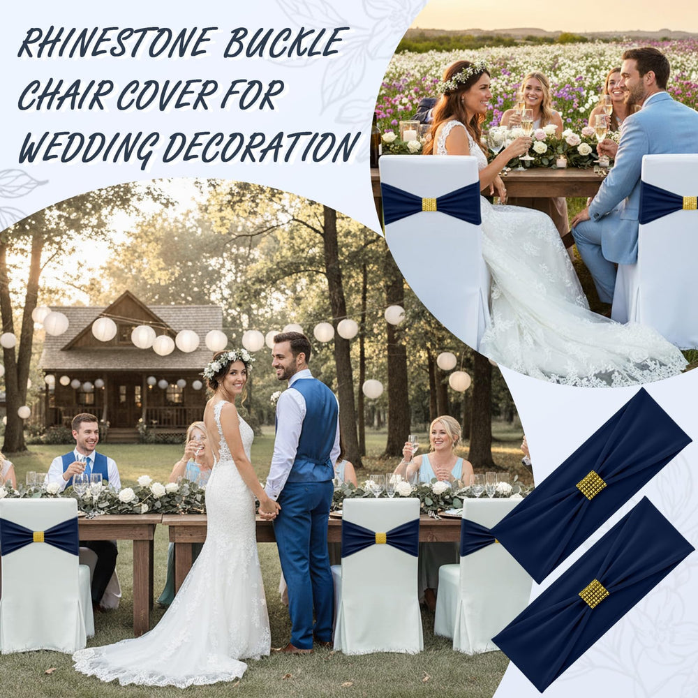 Hahafelt wedding banquet setup with uniform navy sashes creating cohesive styling
