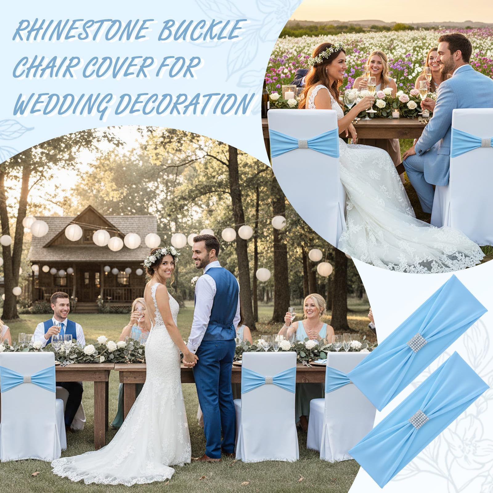Hahafelt wedding-decor sky-blue sashes create cohesive, elegant table-row visuals.