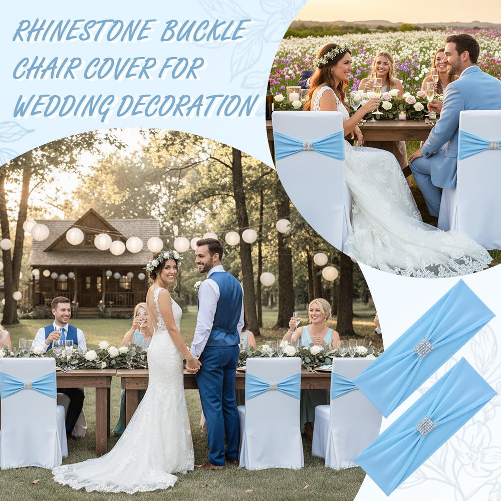 Hahafelt wedding-decor sky-blue sashes create cohesive, elegant table-row visuals.