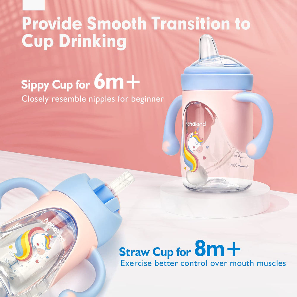 Hahaland sippy cup weighted-straw for 8+ months and versatile drinking.