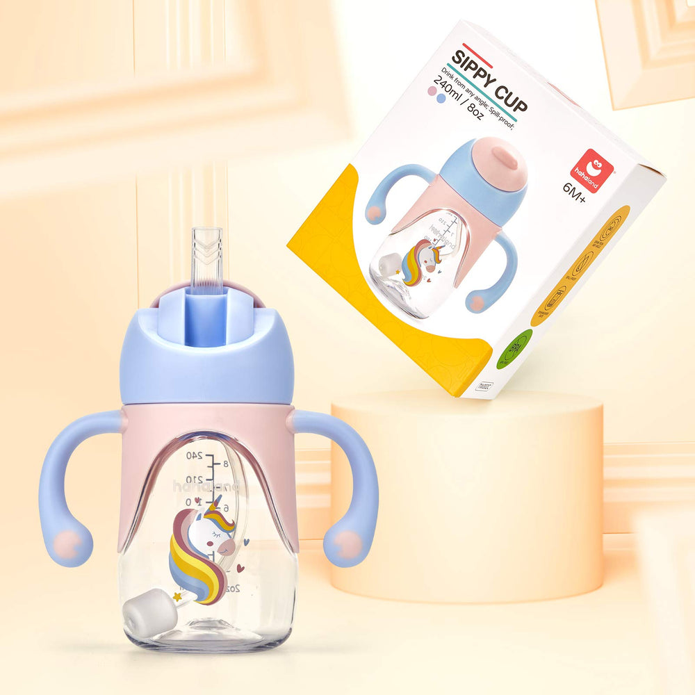 Hahaland unicorn-design sippy cup makes feeding times more playful.