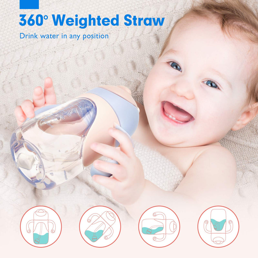 Hahaland sippy cup weighted-straw and 360° design supports sipping anywhere.