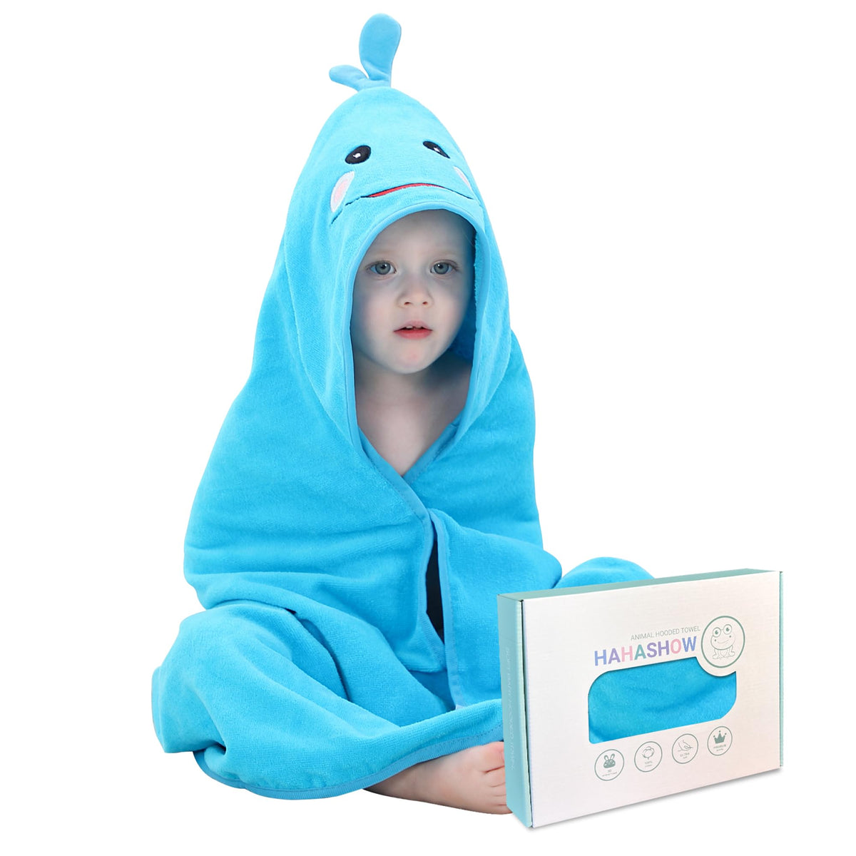 HAHASHOW blue whale hooded towel shows playful design and cozy post-bath warmth.
